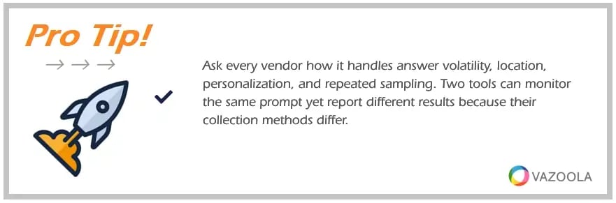 PRO TIP Ask every vendor how it handles answer volatility, location, personalization, and repeated sampling.