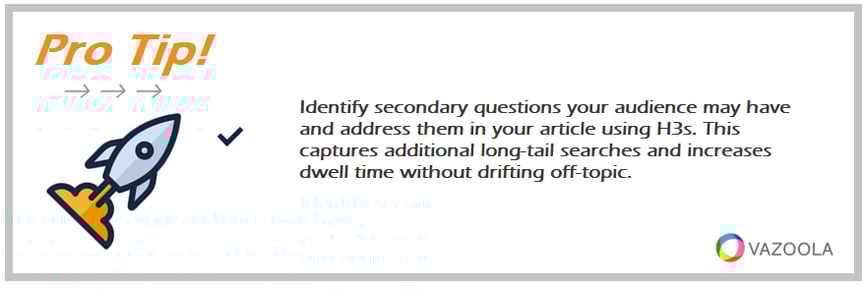 PRO TIP Identify secondary questions your audience may have and address them in your article using H3s