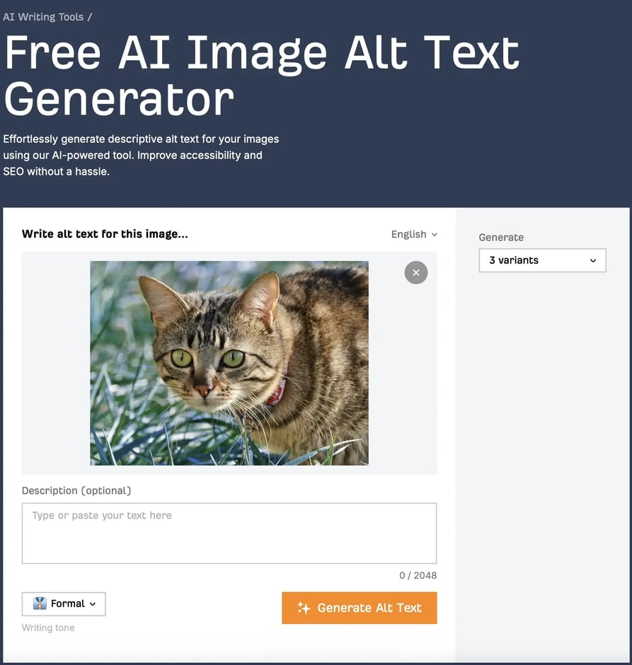 Examples of AI-generated alt text for a cat photo, used to optimize images for SEO.