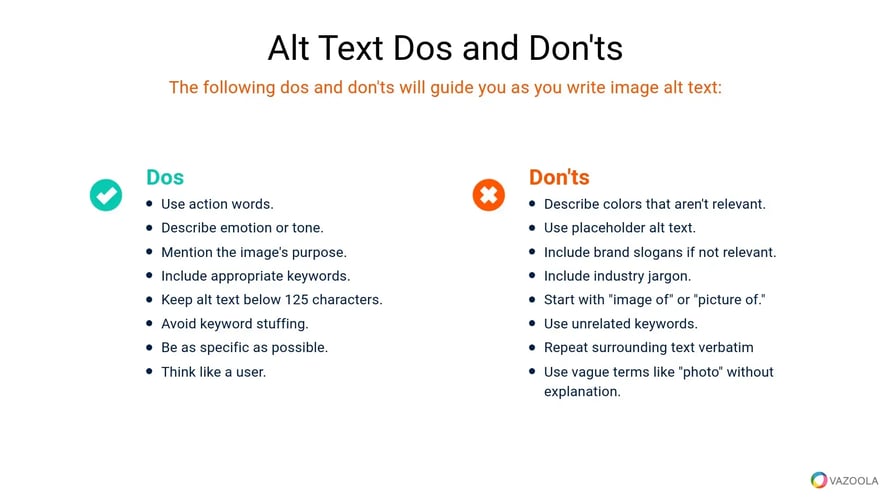 List of dos and don’ts for writing effective alt text that helps optimize images for SEO.