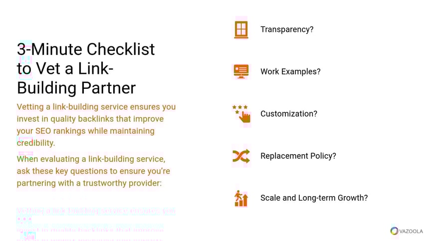 3-minute checklist for vetting a link-building partner—transparency, work examples, customization, replacement policy, scalable growth.