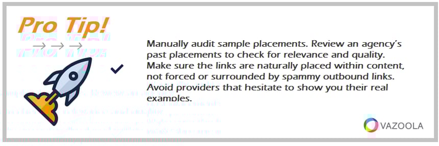 Audit sample backlink placements—ensure links are relevant, naturally embedded, free from spam, and openly shared by the agency.