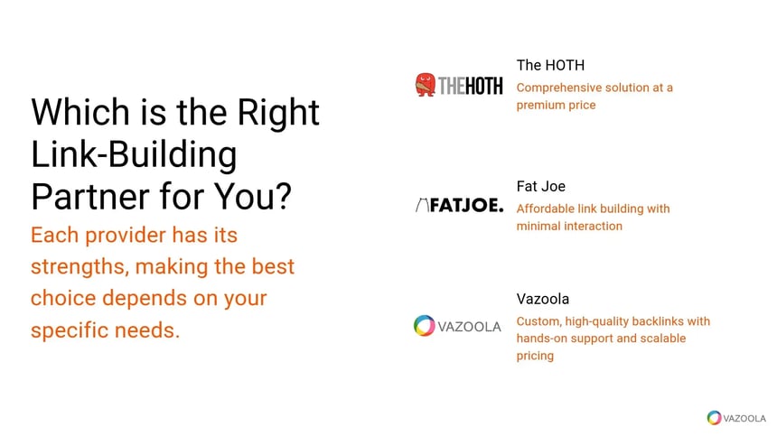 Fat Joe vs The HOTH vs Vazoola comparison image outlining premium, budget and scalable link-building agency options.