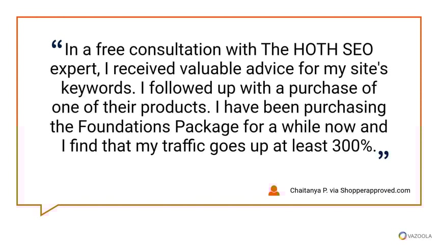 Testimonial praising The HOTH—free SEO consultation plus Foundations Package boosted site traffic by 300%.