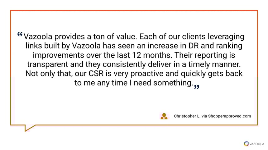 Client testimonial praising Vazoola link-building agency for boosting DR, rankings, and providing timely, transparent service.