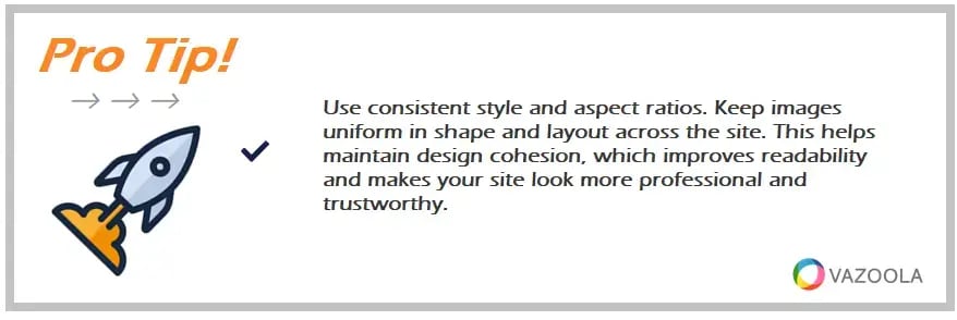 Pro tip about using consistent image styles and aspect ratios for better SEO and site readability.