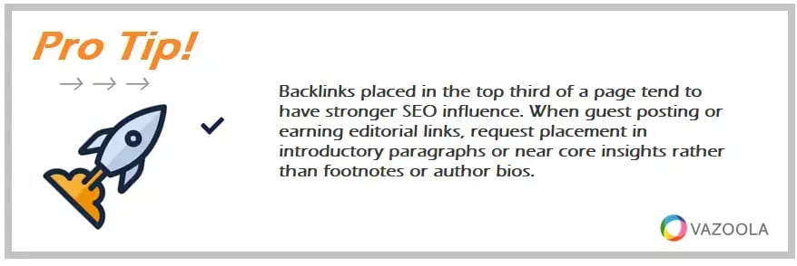 Backlinks placed in the top third of a page tend to have stronger SEO influence. When guest posting or earning editorial links, request placement in introductory paragraphs or near core insights rather than footnotes or author bios.