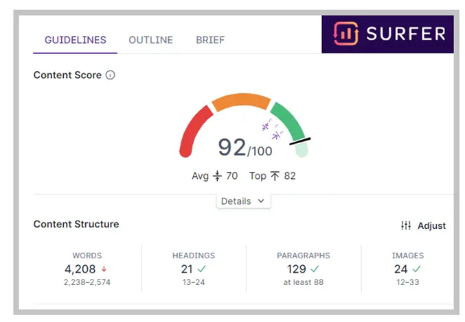 Surfer SEO content score